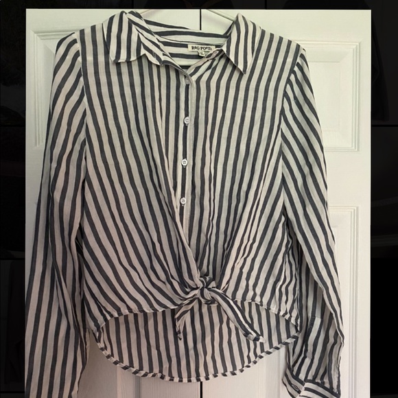 Front tie pin stripe button-up blouse - Picture 2 of 3